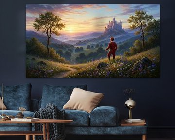 Homme avec bâton de marche surplombant un paysage de château au coucher du soleil