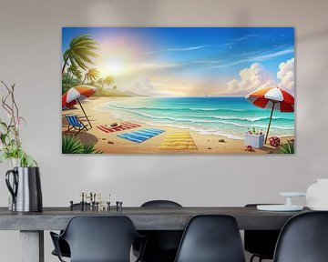 Scène de plage en dessin animé avec accessoires, océan et voilier sur Markus Gann