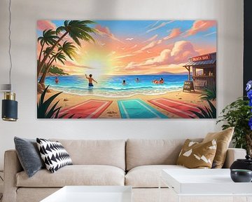 Zonsondergang op het strand met mensen, handdoeken en strandbar. van Markus Gann