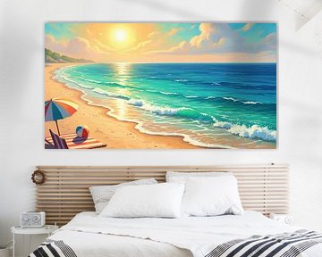 Strandtafereel met golven, zand en strandaccessoires van Markus Gann