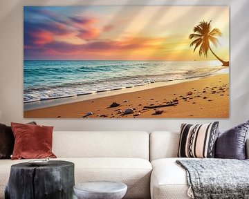 Palmboom op strand bij zonsondergang van Markus Gann