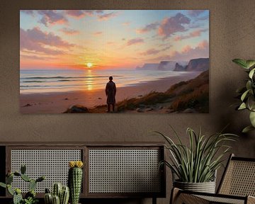 Persoon op strand met zonsondergang en kliffen van Markus Gann