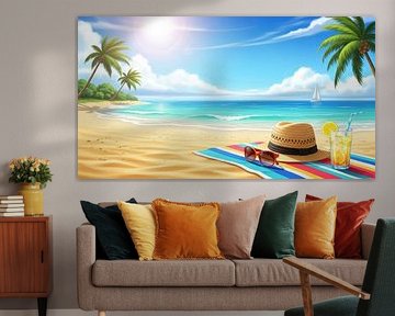 Strandtafereel met accessoires en zeilboot van Markus Gann