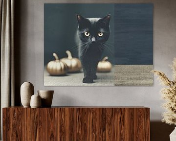 grappige zwarte kat in Halloween decor kamer. van Ariadna de Raadt-Goldberg