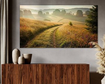 Chemin de campagne avec fleurs sauvages et bâtiments lointains