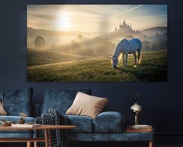 Unicorn Grazing in Meadow with Castle Background at Sunrise by Markus Gann
