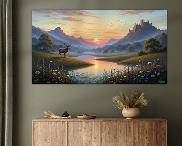 Hert bij rivier met zonsondergang, bergen en ver kasteel van Markus Gann