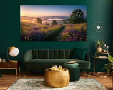 Wildflower Field with Lake and Fog at Sunrise by Markus Gann