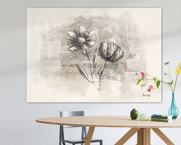 Ländliche Blumenmalerei - warme Kohlezeichnung mit natürlichen Texturen