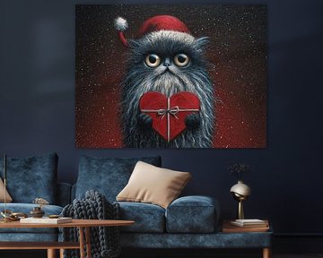 Christmas Cat | Cat With Heart In Christmas Hat