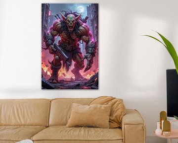 NEON GOBLIN: The monstrous goblin with his weapon in the cyberpunk city