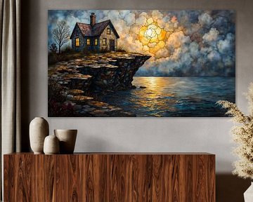 House on rock on coast at storm and sunset