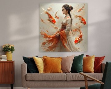 Een art portret van een traditioneel  jong Aziatisch vrouw met Japanse koi kapers.