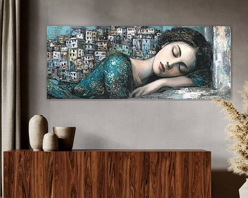 Tableau Amérique du Sud | Femme Turquoise sur Peinture Abstraite