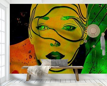 Surrealistisch Portret.  Vrouw in lichtgevende kleuren. Pop-art stijl