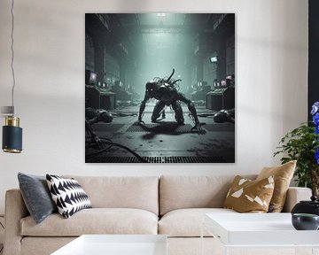 Un cyborg rampe parmi les débris d'une salle de contrôle industrielle