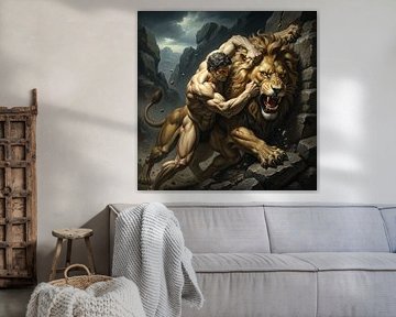 Illustration d'un homme luttant contre un lion dans un paysage rocheux
