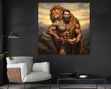 Homme avec une peau de lion, tenant des pommes, paysage de montagne