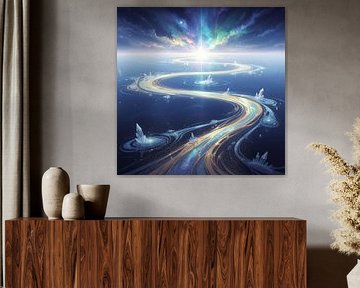 Formations de cristal dans l'eau bleue sous un ciel coloré