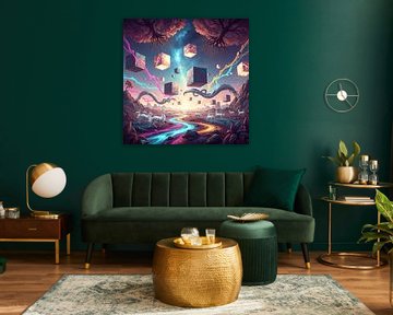 Surreale Landschaft mit Würfeln, Hirschen und buntem Fluss von Markus Gann