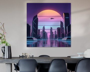 Paysage urbain futuriste avec véhicule volant, néons et soleil sur Markus Gann