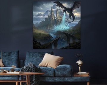 Zwarte draak projecteert blauwe straal op kasteel van Markus Gann