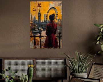 Woman at Large Ferris Wheel - Orange Red Mysterious Painting by BowiScapes abstract and digital art