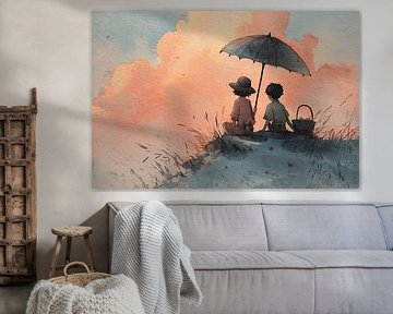 Children with Parasol at Sunset - Dreamy painting