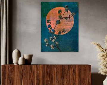 Japandi Art: Branch with cherry blossom and moon (Mixed media)