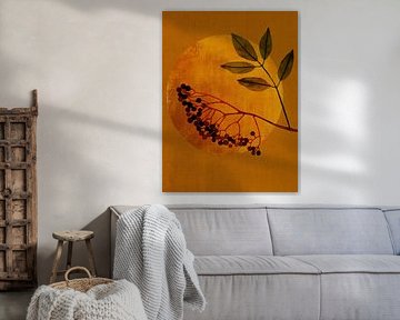 Japandi Art: Branch with berries in front of golden moon (Mixed Media)