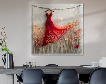 Red dress on clothesline in autumn by Jan Bechtum