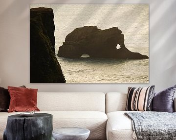 Islande, rocher en mer avec des pétrels