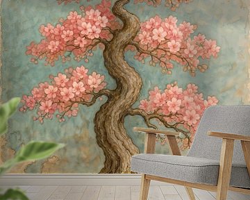 Flowering bonsai tree (AI) (pink, blossom, industrial, Japan, nature, watercolour, painting, Sakura) by Natalie Bruns