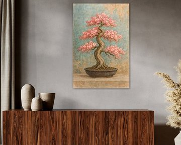 Bloeiende bonsai boom (AI) (roze, bloesem, industrieel, Japan, natuur, aquarel, schilderij, Sakura, Japandi, meditatie, zen, kersenbloesem, Prunus serrulata ) van Natalie Bruns