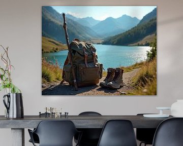 A rucksack, hiking boots and a walking stick. by Rüdiger Rebmann