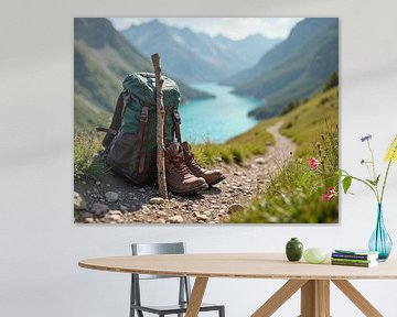 A rucksack, hiking boots and a walking stick. by Rüdiger Rebmann