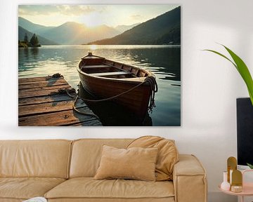 Een roeiboot ligt op de steiger van een bergmeer van Rüdiger Rebmann