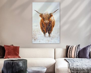 Schottischer Highlander im Schnee