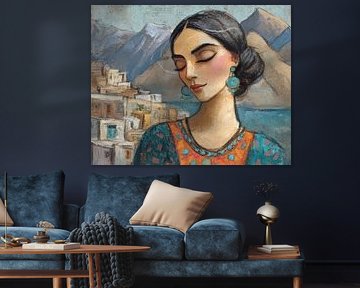 Karakoram Vrouwenportret | Blauwe Oorbellen