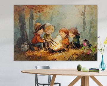 Children at Campfire in Autumn Forest - Nostalgic Illustration