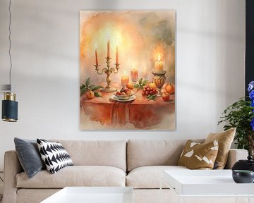 Stillleben mit Obst bei Kerzenschein