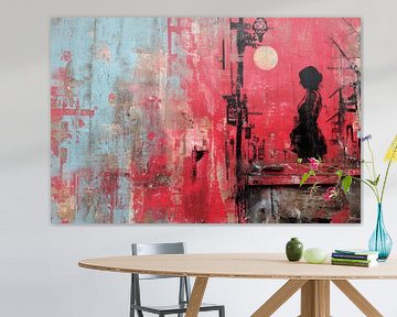 Femme à la lanterne - Rouge Bleu Mystérieux Peinture abstraite moderne sur BowiScapes Art Abstrait  et digital