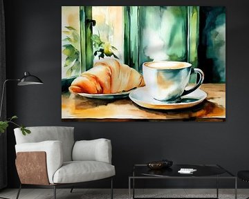 Kaffee und Croissant – Aquarell Frühstück von Niklas Maximilian
