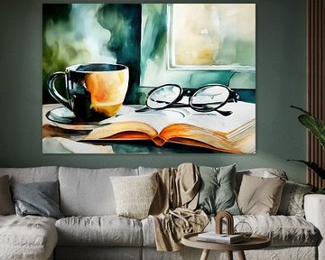 Buch und Kaffee – Aquarell Stillleben von Niklas Maximilian