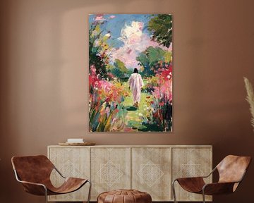 Jezus op het bloemenpad - aquarel van Niklas Maximilian