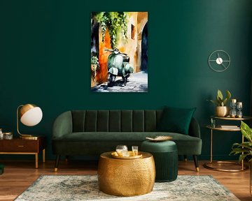 Groene scooter op kasseien - aquarel van Niklas Maximilian
