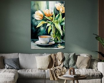 Aquarel: Koffie & perzikkleurige tulpen van Niklas Maximilian
