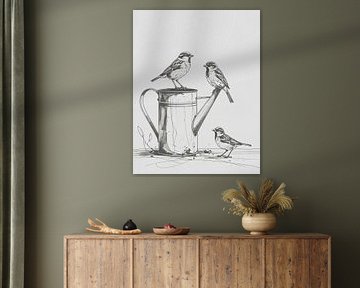 Minimal art - line drawing sparrows by Emiel de Lange