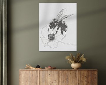 Minimal art - line drawing bee and flower 01 by Emiel de Lange