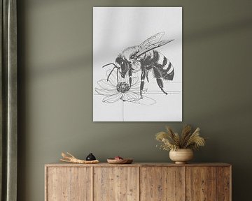 Minimal art - line drawing bee and flower 02 by Emiel de Lange
